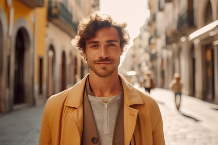Handsome young man in a yellow coat is looking at the camera and smiling.の素材