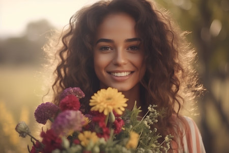 Portrait of a beautiful young woman with flowers in the field.の素材