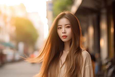 Portrait of beautiful asian woman with long hair in the cityの素材