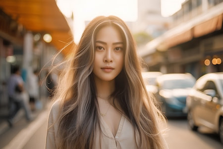 portrait of a beautiful young woman in the city, asian beautyの素材