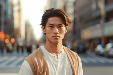 Portrait of a handsome young asian man in the city.の素材