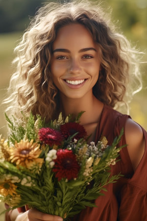 Closeup portrait of smiling young woman with bouquet of flowers outdoorsの素材