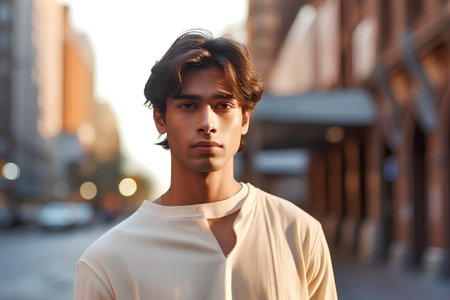 Portrait of a handsome young man in the city at sunset.の素材