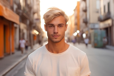 Portrait of a handsome young man with blond hair, wearing white t-shirt, looking at camera.の素材