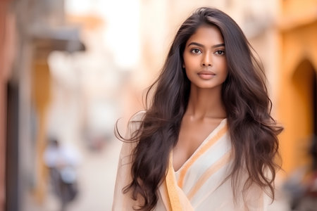 Beautiful young asian woman with long hair walking in the cityの素材