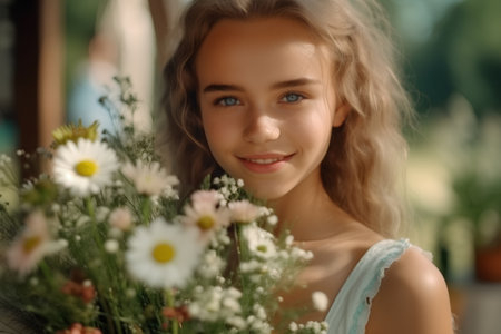 Portrait of beautiful young woman with a bouquet of flowers.の素材