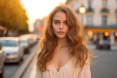 Portrait of a beautiful young woman on the background of the cityの素材