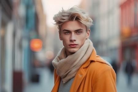 Portrait of a handsome young man with blond hair wearing a coat and scarfの素材