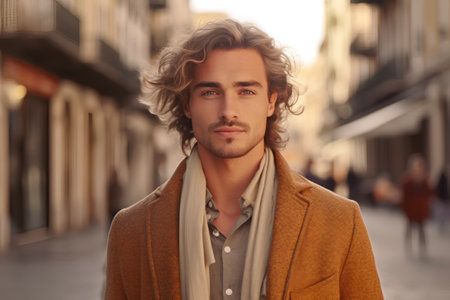 Handsome young man in a city street. Men's beauty, fashion.の素材