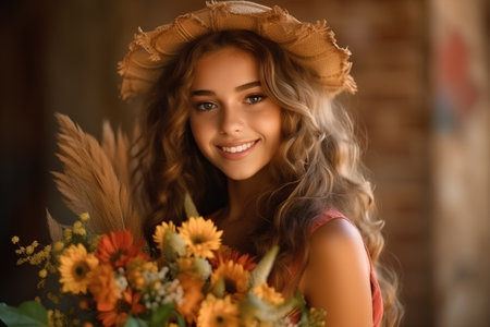 Portrait of beautiful young woman in hat with bouquet of flowersの素材