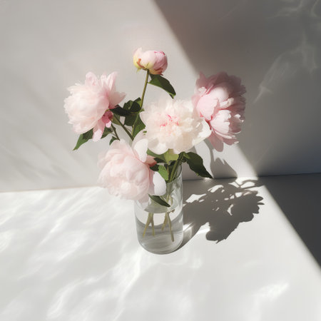 Bouquet of peonies in a glass vase on a white background with sunlight.の素材