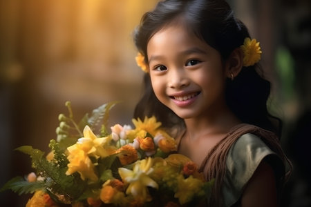 Beautiful asian girl with bouquet of daffodilsの素材