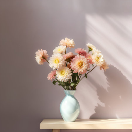 Bouquet of beautiful chrysanthemums in vase on wooden shelf against pastel wall.の素材