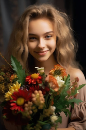Portrait of beautiful young woman with bouquet of colorful flowers.の素材