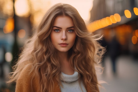 Portrait of a beautiful young woman with long curly hair in the cityの素材