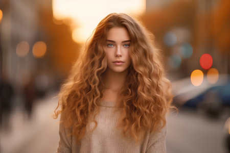 Portrait of a beautiful young woman with long curly hair in the cityの素材
