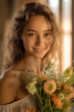 Portrait of a beautiful young woman with a bouquet of flowersの素材