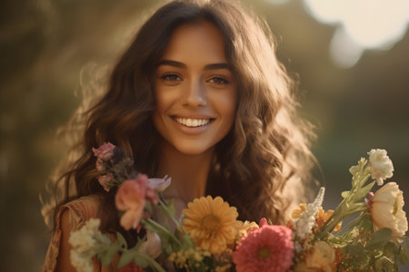 Portrait of beautiful young woman with a bouquet of flowers.の素材