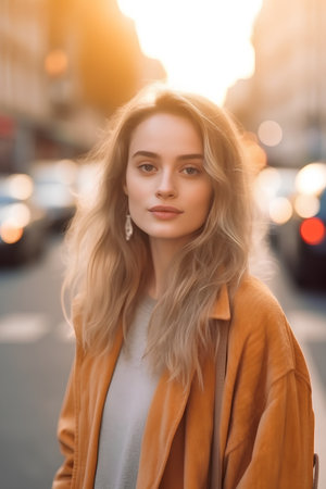 Portrait of beautiful young blonde woman in the city street at sunsetの素材