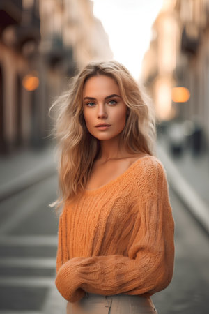 Beautiful young blonde woman in an orange sweater on a city streetの素材