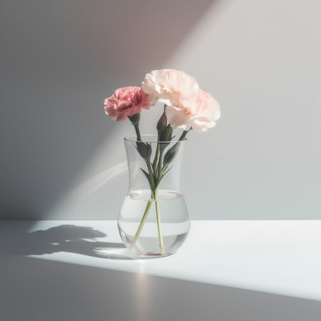 A bouquet of pink carnation flowers in a vase on a white background.の素材