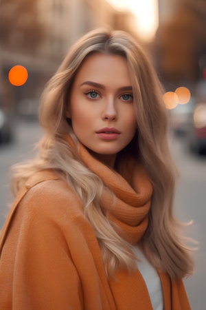 fashion outdoor photo of gorgeous sensual woman with blond hair in elegant coat and scarfの素材