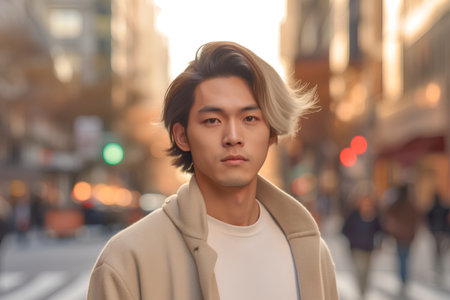 young asian man walking on the street in the city at sunsetの素材