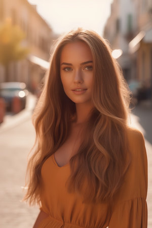Outdoors portrait of beautiful young woman with long curly hair in orange dressの素材