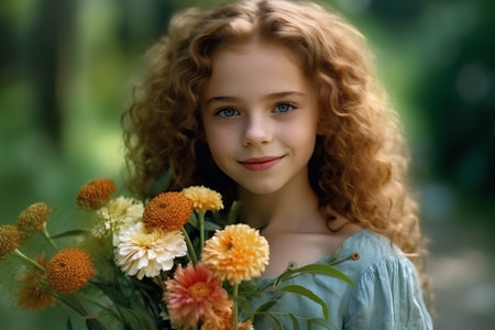 portrait of a beautiful young girl with a bouquet of flowersの素材