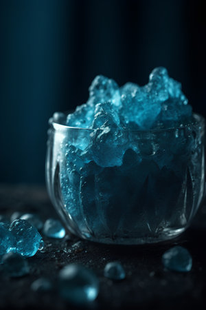 close up of a glass bowl with ice cubes on a wooden surfaceの素材