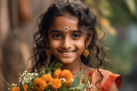 Portrait of a smiling Indian girl with a bouquet of flowersの素材