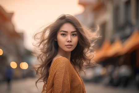 Portrait of a beautiful young woman with long hair in the cityの素材