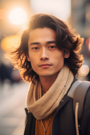 Portrait of a handsome young man with trendy hairstyle in an urban contextの素材