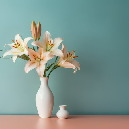 White lily flowers in vase on pastel blue background. Minimal concept.の素材