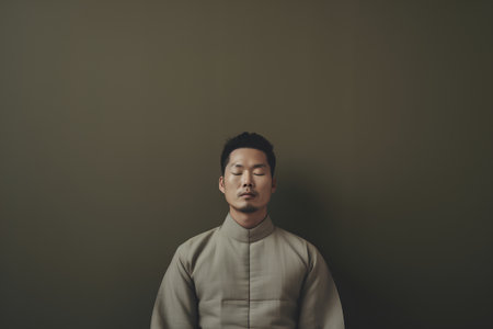 Young asian man in traditional japanese clothes standing against wallの素材