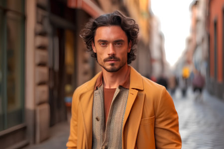 Portrait of a handsome young man with curly hair walking in the cityの素材