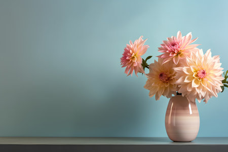 Vase with dahlia flowers on blue background. 3d renderの素材