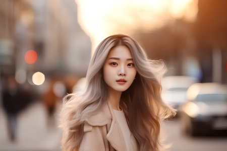 beautiful young asian woman with long hair in the city at sunsetの素材