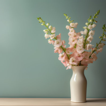 Vase with pink and white bellflowers on pastel green backgroundの素材