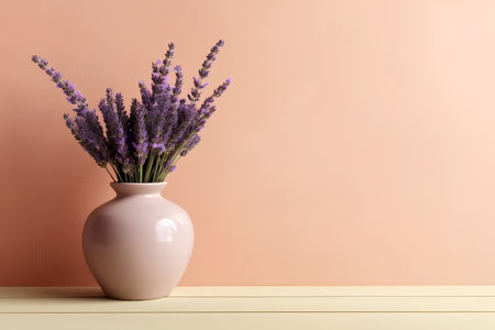 Bouquet of lavender flowers in vase on wooden tableの素材
