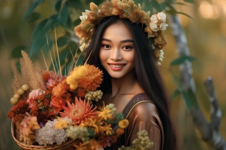Beautiful asian woman with flower wreath in the autumn forestの素材