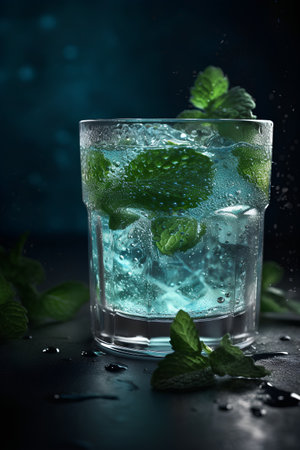 Mojito cocktail with ice cubes and mint leaves on dark backgroundの素材