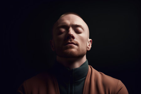 Portrait of a handsome young man with closed eyes on a dark backgroundの素材