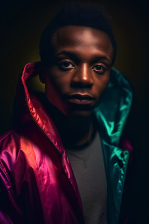 Portrait of a young african american man in a pink jacket.の素材
