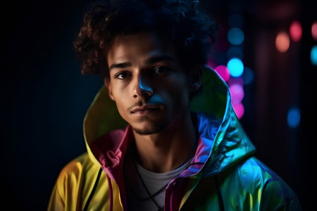 Portrait of a young african american man in colorful hoodieの素材
