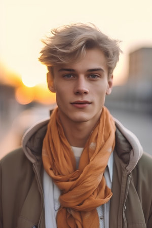 Portrait of a handsome young man in the city at sunset.の素材