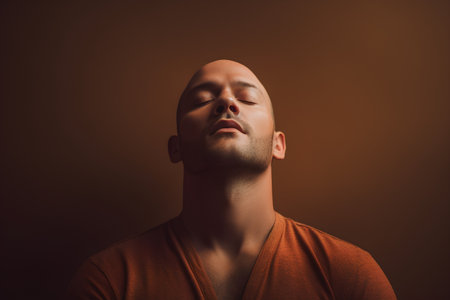 Handsome young man with closed eyes on a brown background.の素材