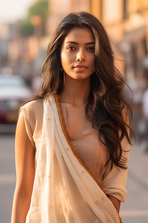 Outdoor portrait of young beautiful brunette woman in the city.の素材