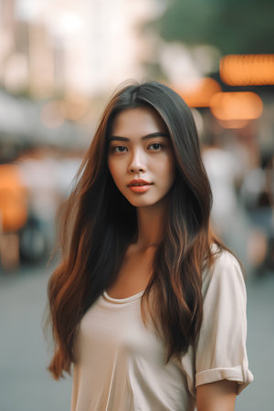Portrait of a beautiful asian woman in the city. Young woman looking at camera.の素材