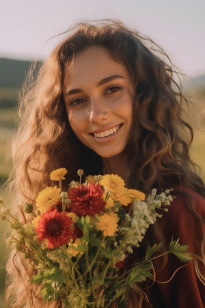 Portrait of beautiful young woman with bunch of flowers in countryside.の素材